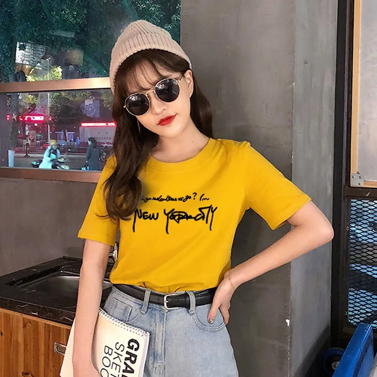 5049 Yellow Новые летние женские футболки размера плюс, новинка, свободные футболки с круглым вырезом и коротким рукавом, повседневные тонкие женские футболки, женские топы, футболки - Цвет: 5049 Yellow