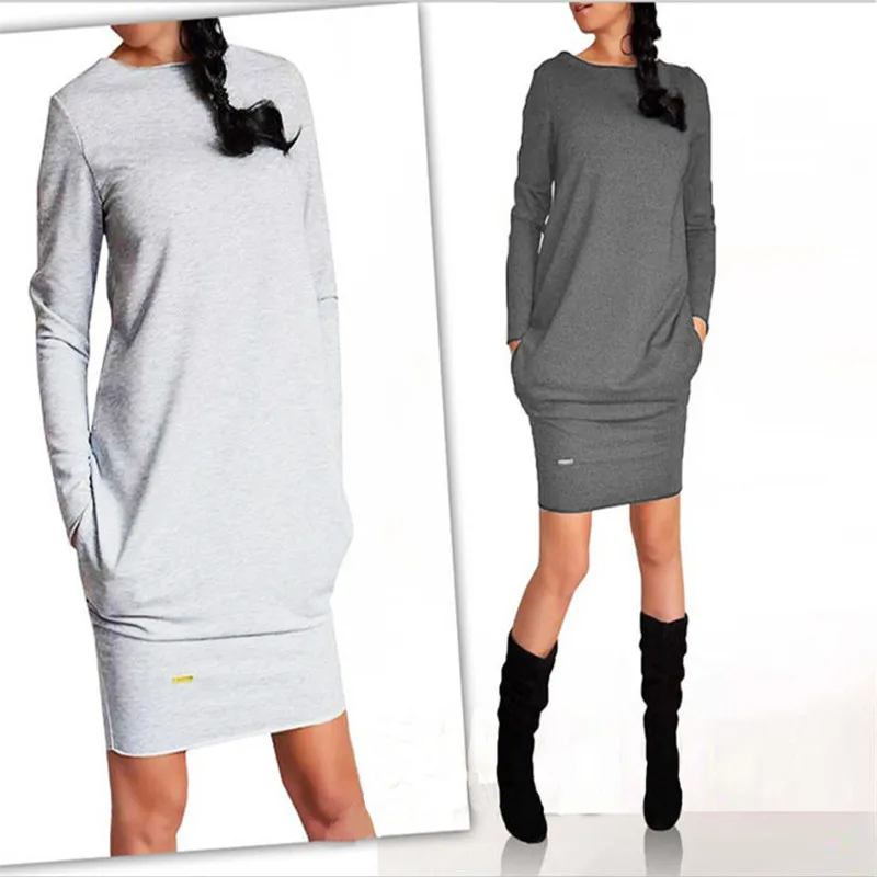 

NEW Spring Autumn Women Dress Women Soft Slim Pocket Dress New Slim Warm Dress Casual O-neck Long Sleeve Bottoming Mini Dress