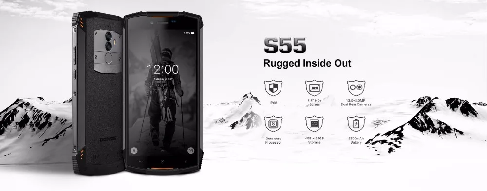 DOOGEE S55 Android 8,0 IP68 водонепроницаемый смартфон 5500 мАч 5," 4 Гб ОЗУ 64 Гб ПЗУ MTK6750T Восьмиядерный 13 МП мобильные телефоны