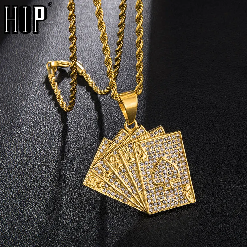 Хип хоп Iced out Bling золотого цвета для покера с сердцем из нержавеющей стали горный хрусталь яркие ожерелья и подвески для мужчин ювелирные изделия
