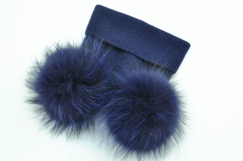 Navy match fur Двойная шапка из натурального меха с помпоном, женские зимние шапки, вязаные шерстяные шапки Skullies Beanies для девочек, женская натуральная меховая шапка с вязаным помпоном - Цвет: Navy match fur