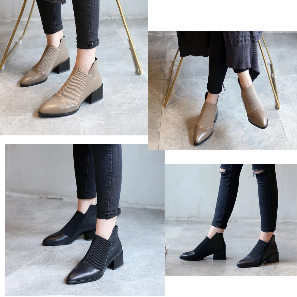 

Women Boots Ankle Genuine Leather Pointed Toe Chunky Heel Square Autumn Black Kahki Fashion Female Women Shoes KAL01 MUYISEXI