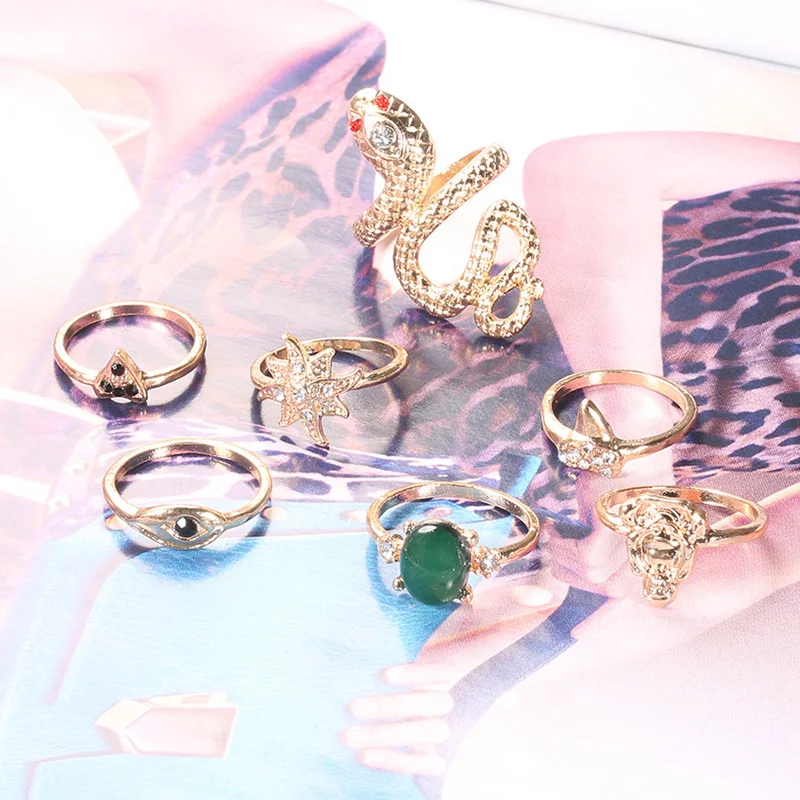 7 шт./компл. Boho Little Snake Star Eyes статуя Будды драгоценный камень треугольник Золото регулируемое Открытое кольцо набор для женщин индивидуальный ювелирный подарок