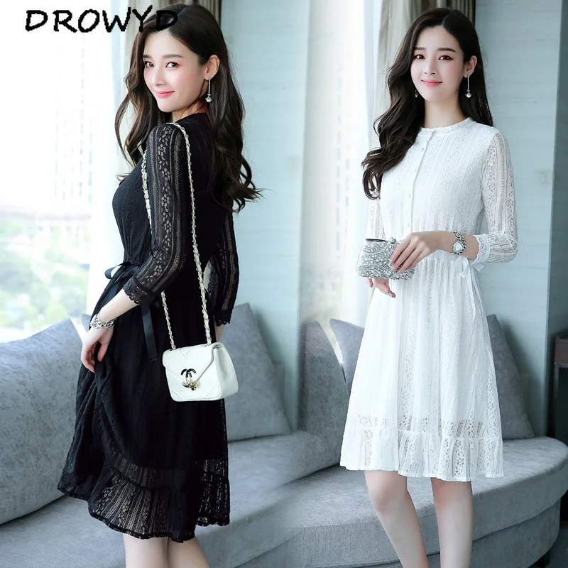 Размера плюс летнее кружевное платье с коротким рукавом и воротником-стойкой