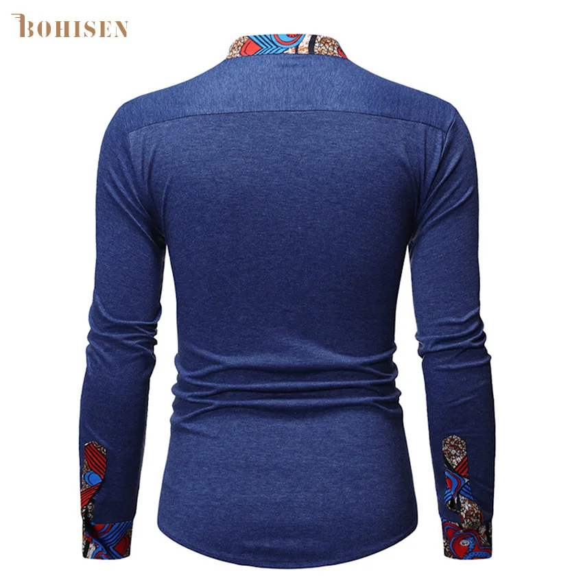 BOHISEN African Print Cotton Shirt For Men New High Stand Collar Patchwork Button Top T-shirt Slim Fitted Men's Kente Clothing |