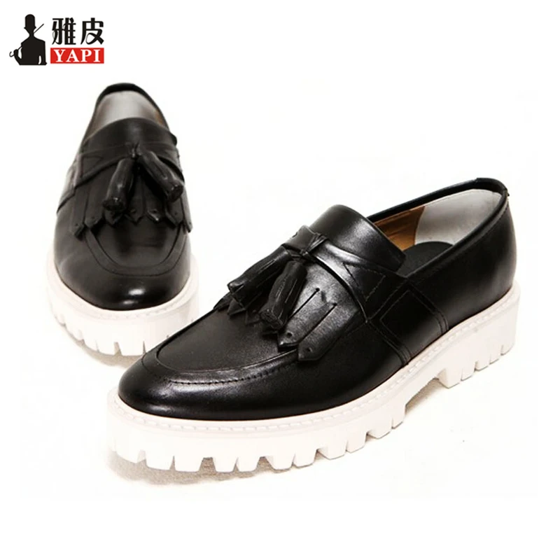 Brand New Retro Mens Genuine Leather Round Toe Tassel Shoes Business Man Fringe Thick Heel Oxfords Heighten | Обувь