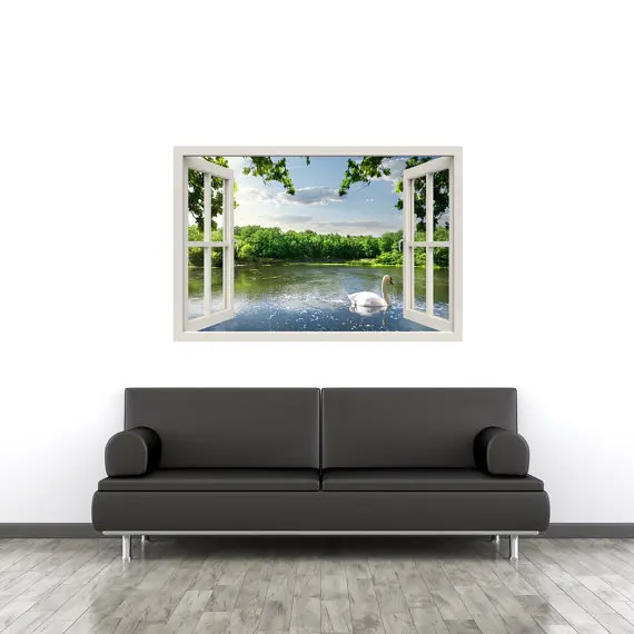 3D эффект окна вид на стену Наклейка Лебедь речную Виниловая Декор роспись пейзаж