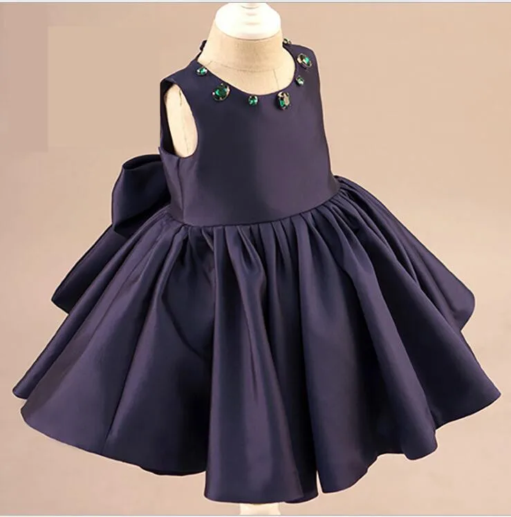 Элегантный Королевский Синий Атлас Бисер для девочек в цветочек платья 2016 Блеск