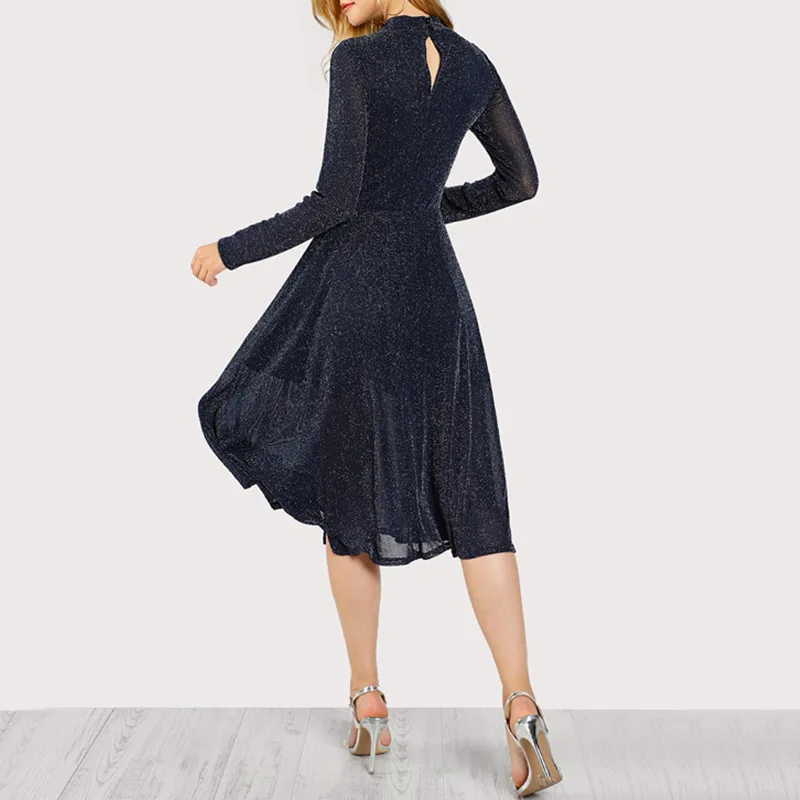 Elegant Long Sleeves Office Lady Women Dress 2019 Solid Back Hollow Out O-Neck Regular Summer Basic Dresses Navy Blue Vestidos | Женская