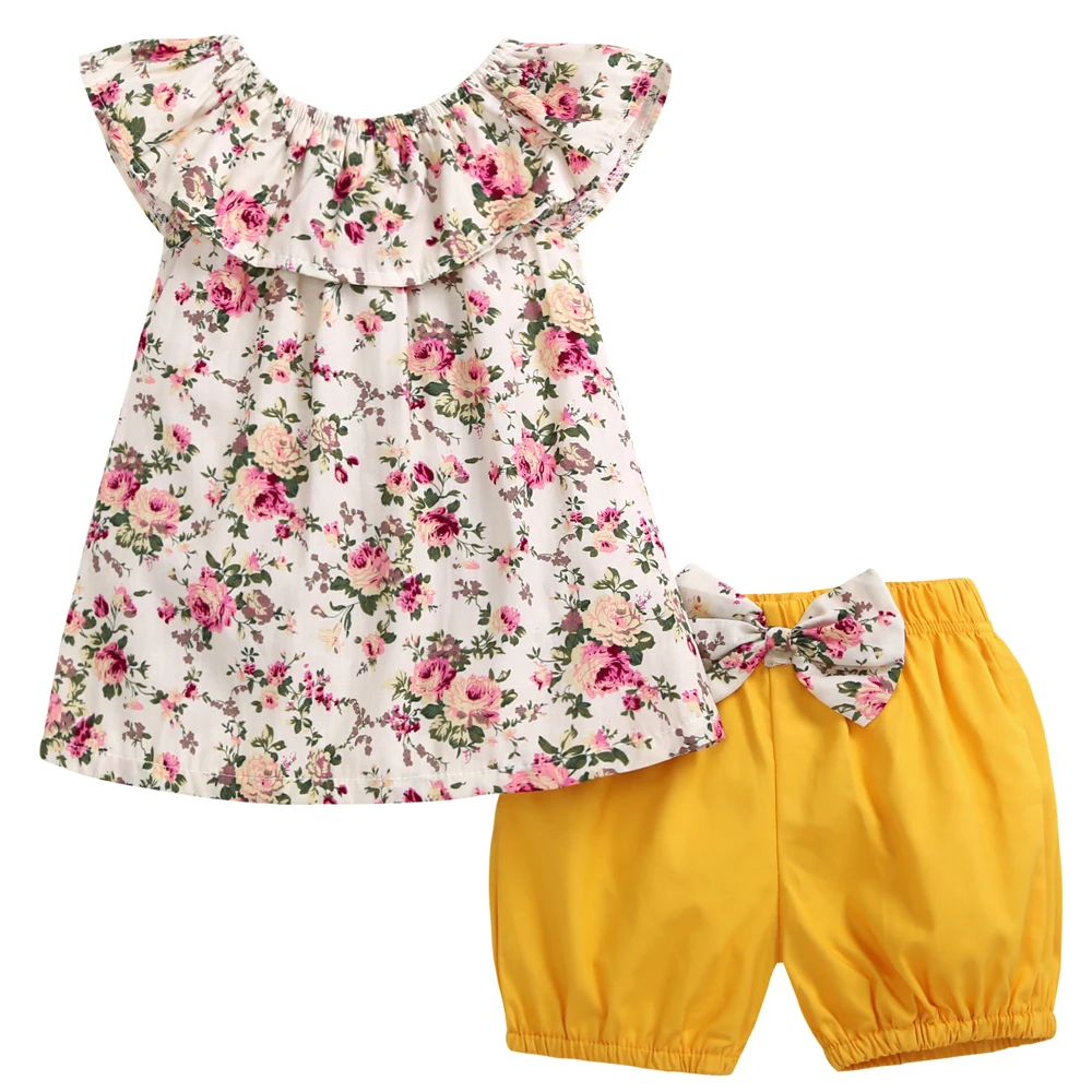Модель 2020 одежда для маленьких девочек цветочный топ + шорты с бантом 2