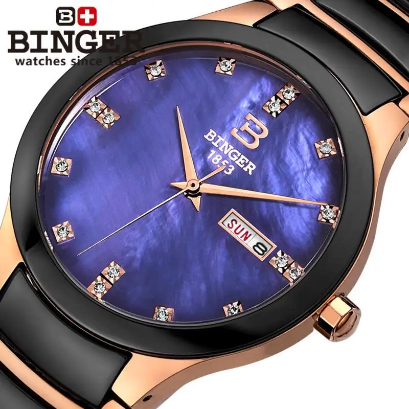Switzerland Binger Space ceramic мужские часы модные кварцевые Стразы Часы для влюбленных