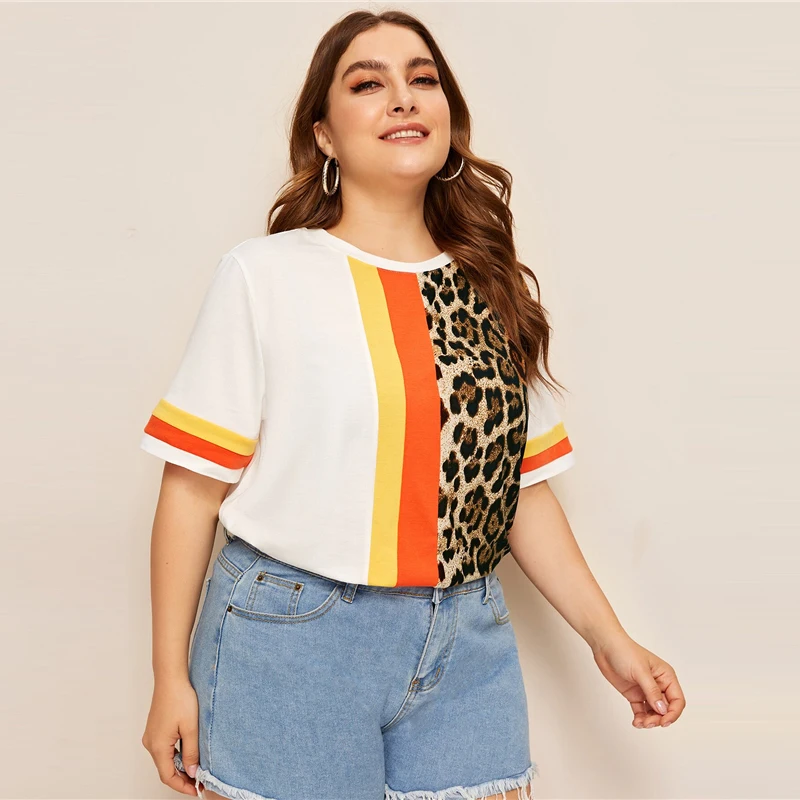 SHEIN, Женский Топ в полоску с леопардовым принтом размера плюс, лето, разноцветная Повседневная футболка с круглым вырезом, уличная футболка