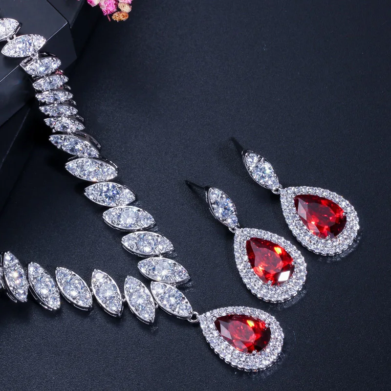 ThreeGraces Luxury Wedding Bridal Costume Jewelry White CZ Stone Big Water Drop Earrings Necklace Sets for Brides JS001|Ювелирные