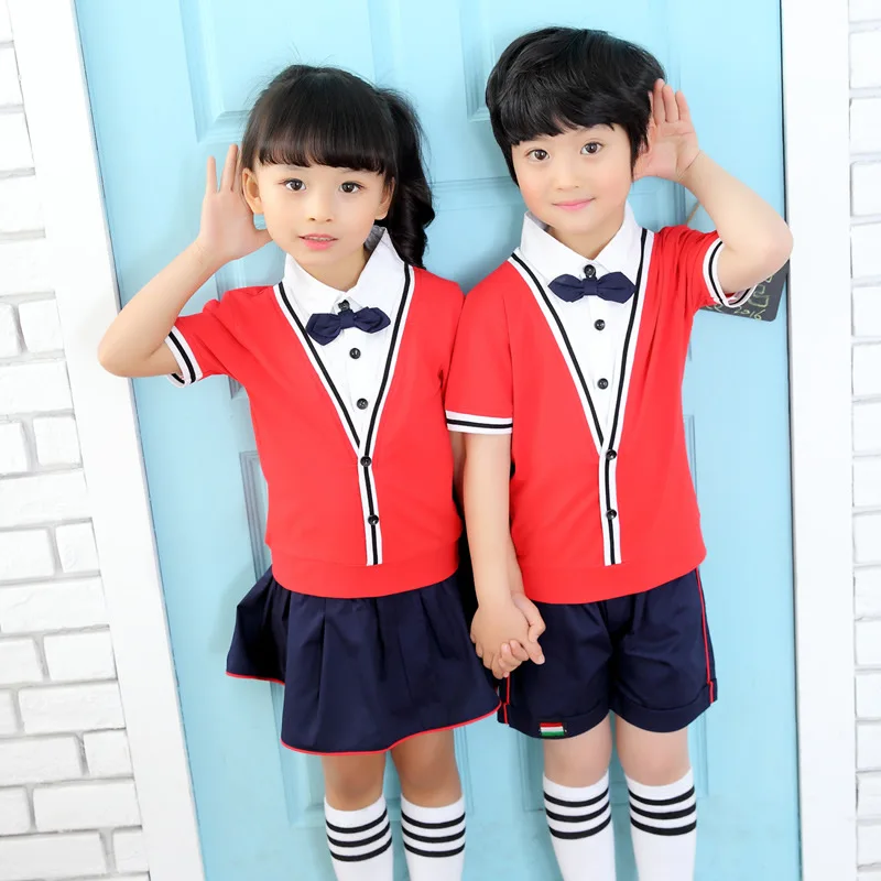 Girls boy Children School Uniform Dresses Kids England Style Short Sleeve Causal Bow Dress Fall Performance #8714 |