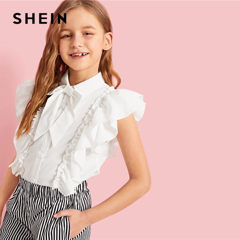 SHEIN/Детская многослойная блузка с оборками и завязками на шее для девочек; милые топы для детей; коллекция года; летние однотонные рубашки без рукавов с пуговицами спереди в консервативном стиле