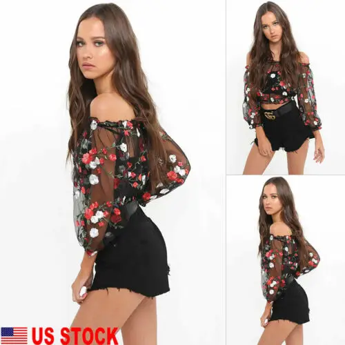 2019 женские черные топы с открытыми плечами и длинным рукавом Прозрачная Футболка