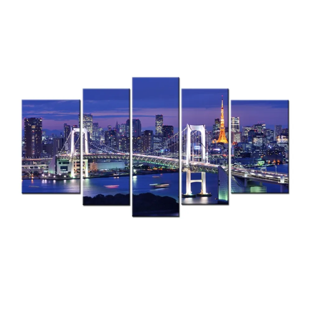 

Tokyo Bridge Night Painting Japan City Skyline Picture Print on Canvas Bridge Art for Office Home Decor Unframed