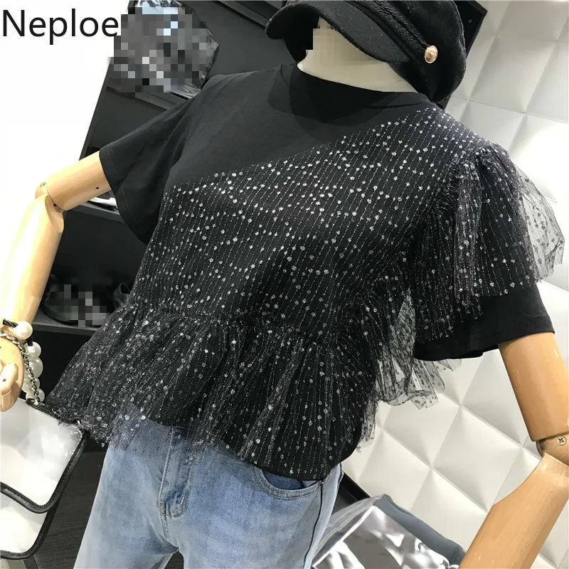 Neploe сетчатые Лоскутные женские футболки Летние новые футболки с круглым вырезом и коротким рукавом Свободные корейские женские топы 44510