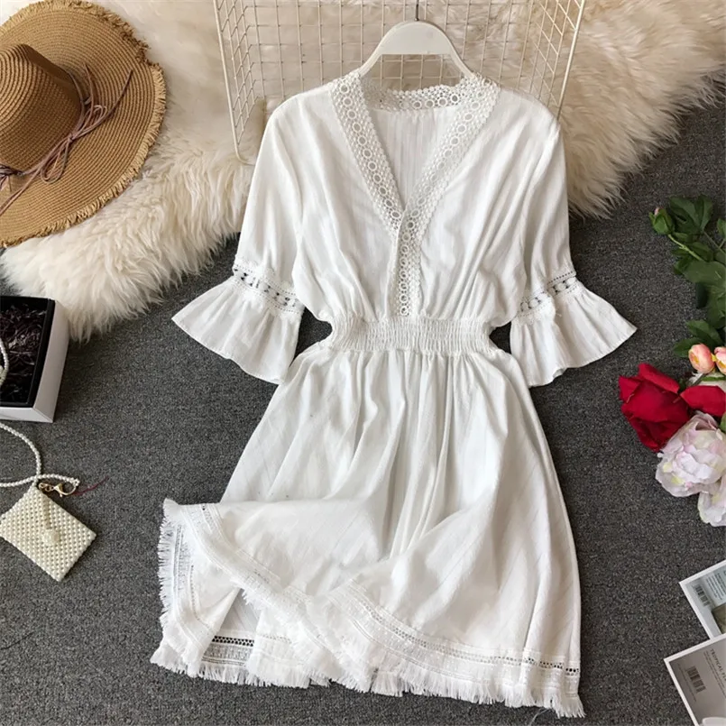 Женское короткое Кружевное платье с V-образным вырезом в стиле бохо | Женская