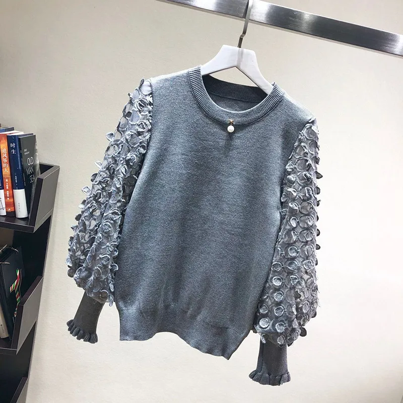 LUOSHA Women Autumn Winter Knitted Pullover And Sweater Female 3D Embroidery Lace Patchwork Lantern Sleeve Fashion Sueter Mujer | Женская