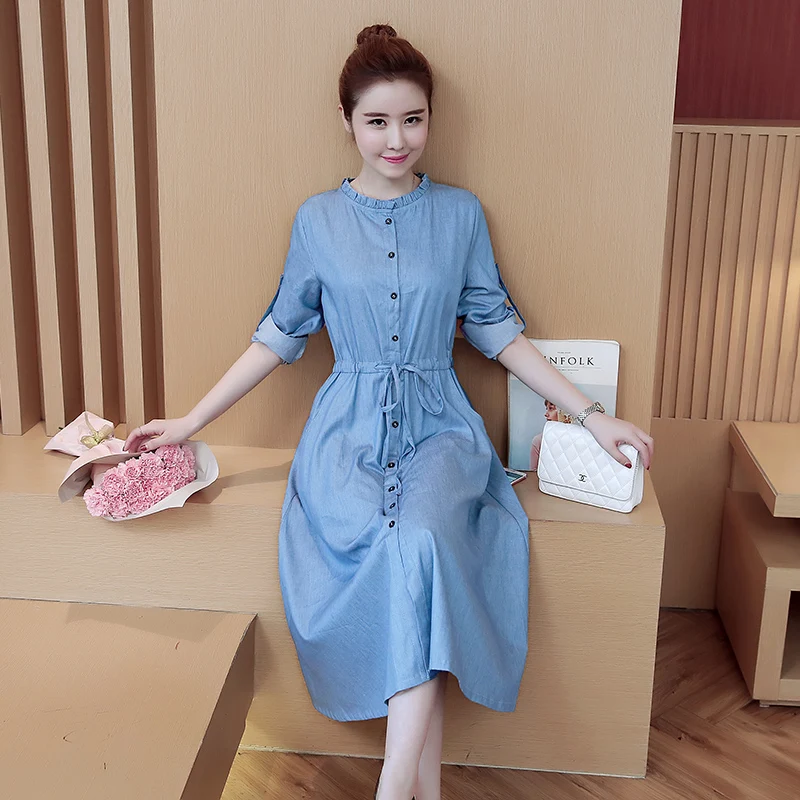 Spring and autumn Waist dress of denim women's wool Slim single-breasted with long sleeves Round collar casual jeans | Женская