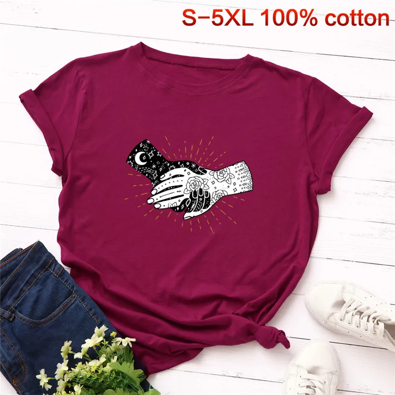 Женская футболка размера плюс S 5XL New Hands Moon Star 100% хлопок с круглым вырезом коротким
