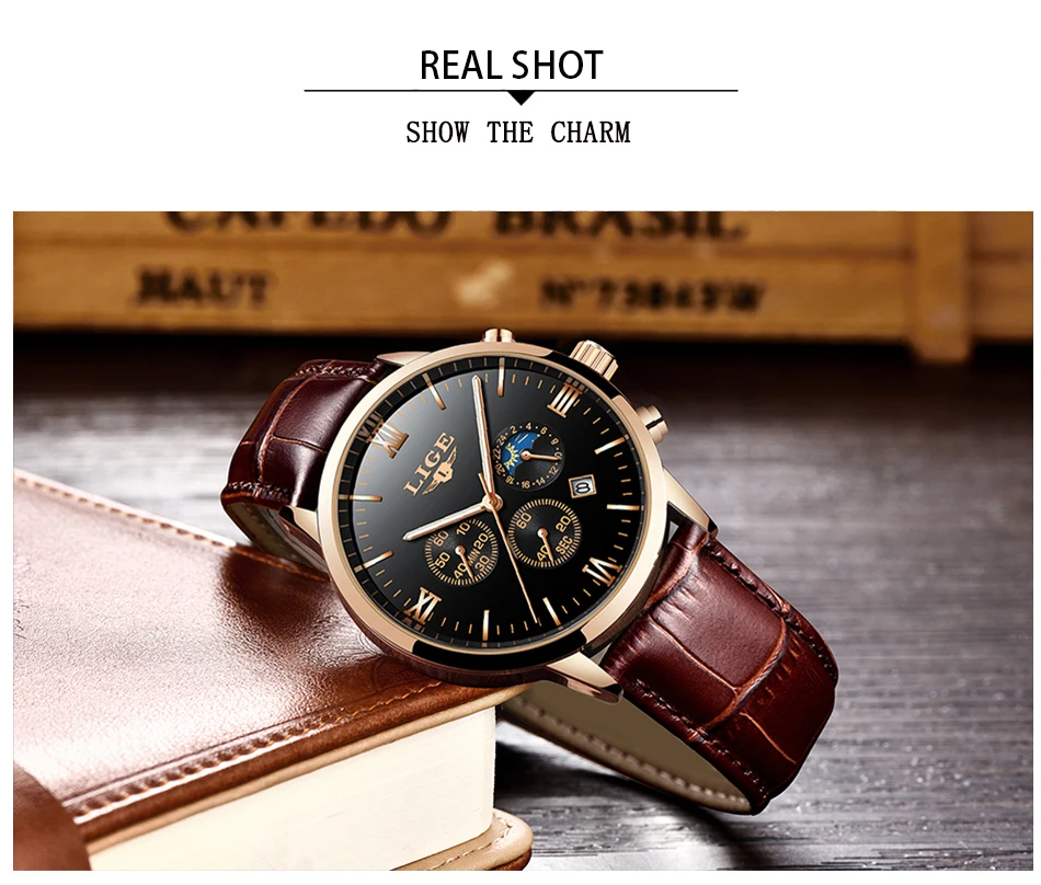 Reloj de hombre LIGE Men's Watches Men Business Fashion Leather Watch Moon phase Date Luminous Multi-function Sport Quartz Clock