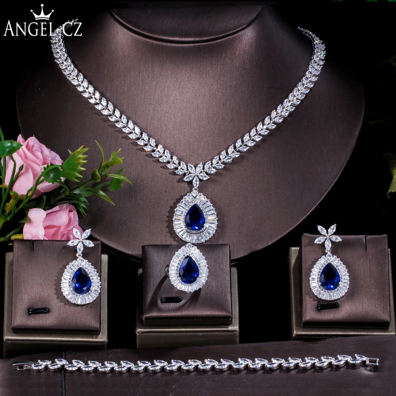 Женский Свадебный комплект ANGELCZ, ожерелье, серьги, браслет, кольцо, 4 шт.
