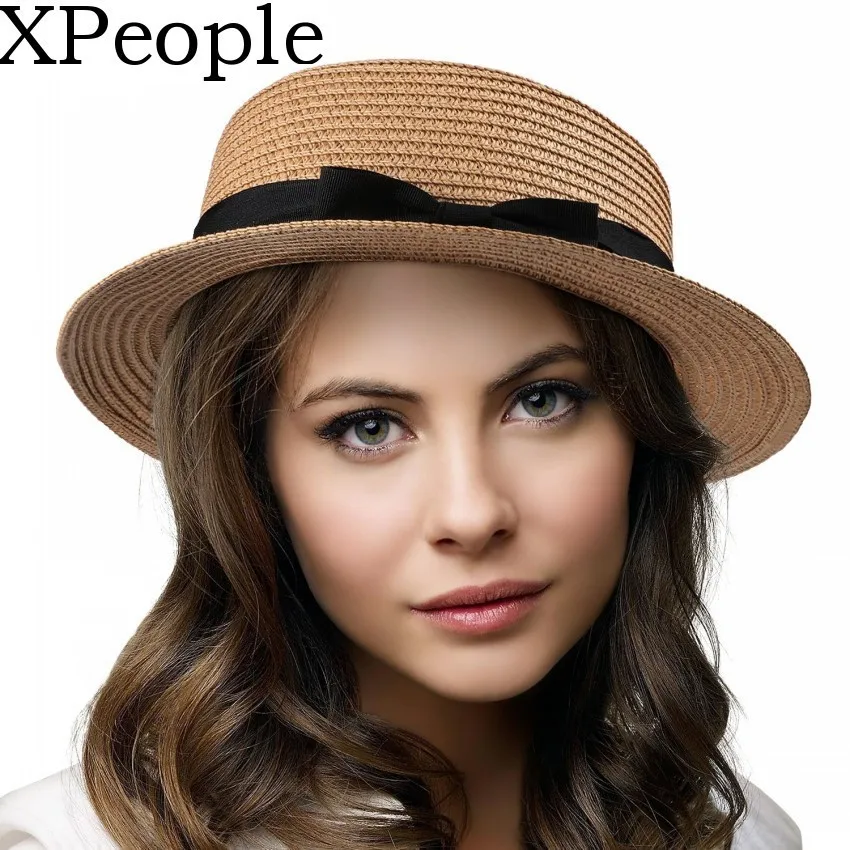 

XPeople Women's Casual Boater Flat Top Hats, Sunscreen Anti - UV Wide Flat Brim Straw Beach Sunhat Caps