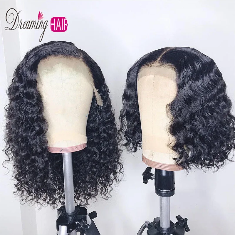 Естественный цвет Chocolate Brown Color 13x6 Short Bob Lace Front Human Hair Wigs Peruvian Curly Human Hair Wig For Black Women Lace Wig - Цвет волос: Естественный цвет
