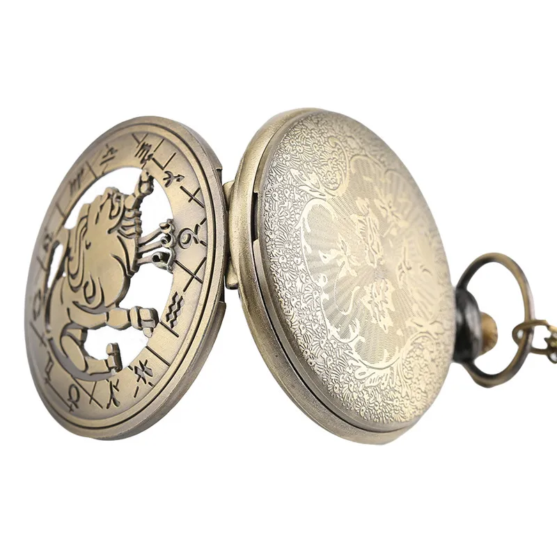 

Bronze Pocket Watch Necklace Pendant Men Women Constellations Leo Steampunk Lion Pattern Retro Gift For Children Kid