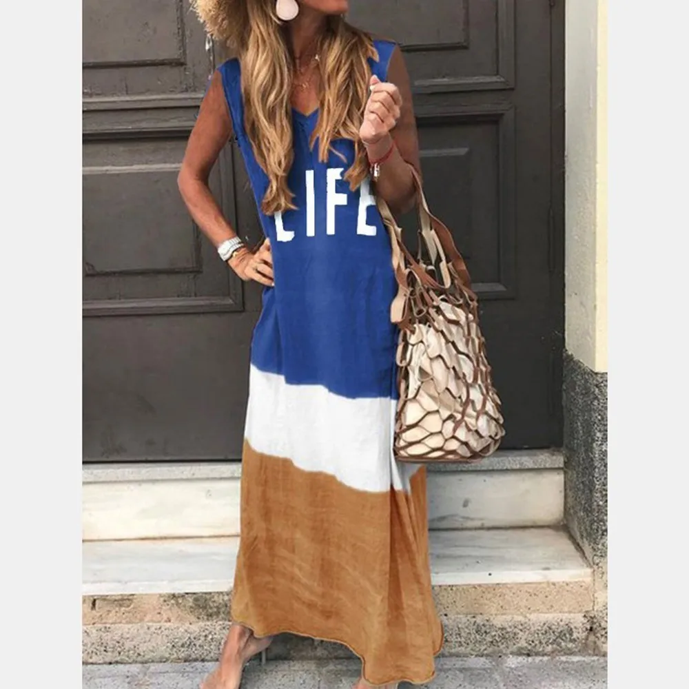 Женские Длинные Макси платья с цветным Ретро принтом v-образный вырез хлопок