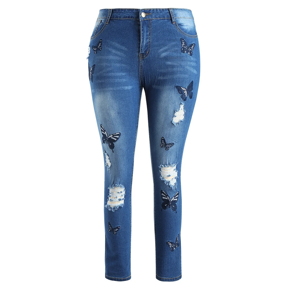 5XL плюс Размер потертые женские джинсы с вышивкой обтягивающие рваные старинный