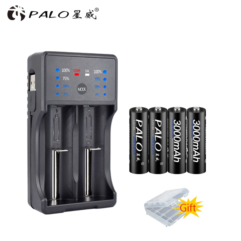 PALO AA батарея 1 2 v Ni MH Аккумуляторная 2A с светодиодный зарядным устройством для AAA 3 7