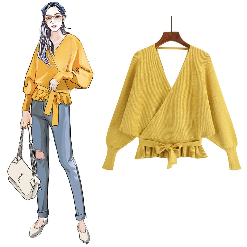 Colorfaith Women Pullovers Sweater 2019 Knitting Autumn Winter Fashion Sexy V-Neck Backless Lace Up Casual Ladies Tops SW1009 | Женская
