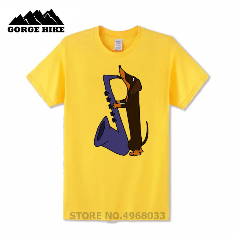 2019 Men's Funny New Arrivals Dachshund Dog T-shirts Playing Blue Saxophone Design T Shirt Cool Summer Tops Short Sleeve Unisex | Мужская