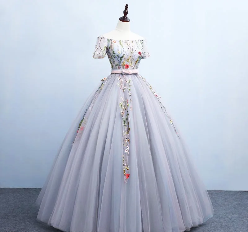 Женское вечернее платье SSYFashion элегантное серое бальное до пола с цветочным