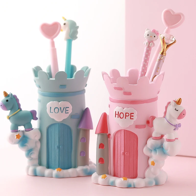 Kawaii Смола Розовый Голубой Единорог ручка держатель Прекрасный Ins/модные стол
