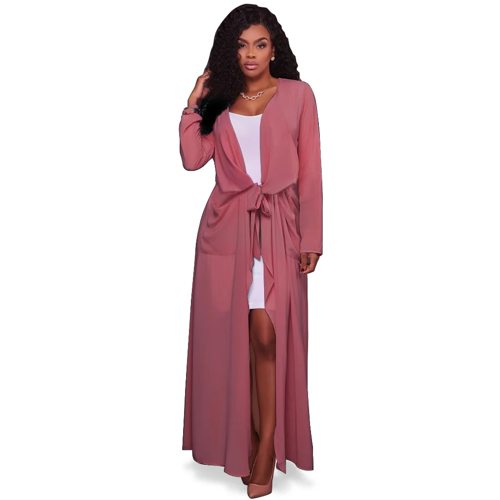 2017 шифоновое длинное кимоно модная Лоскутная блуза с карманами и бантом на поясе