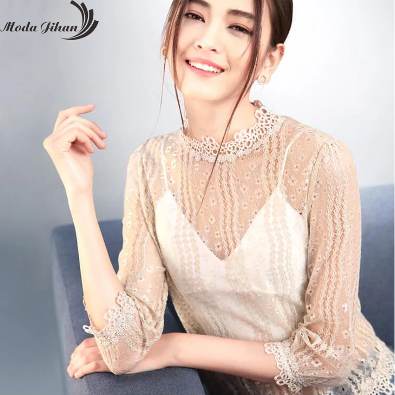 Moda Jihan женские пуловеры топы сексуальные прозрачные кружевные рубашки черные 3/4 с