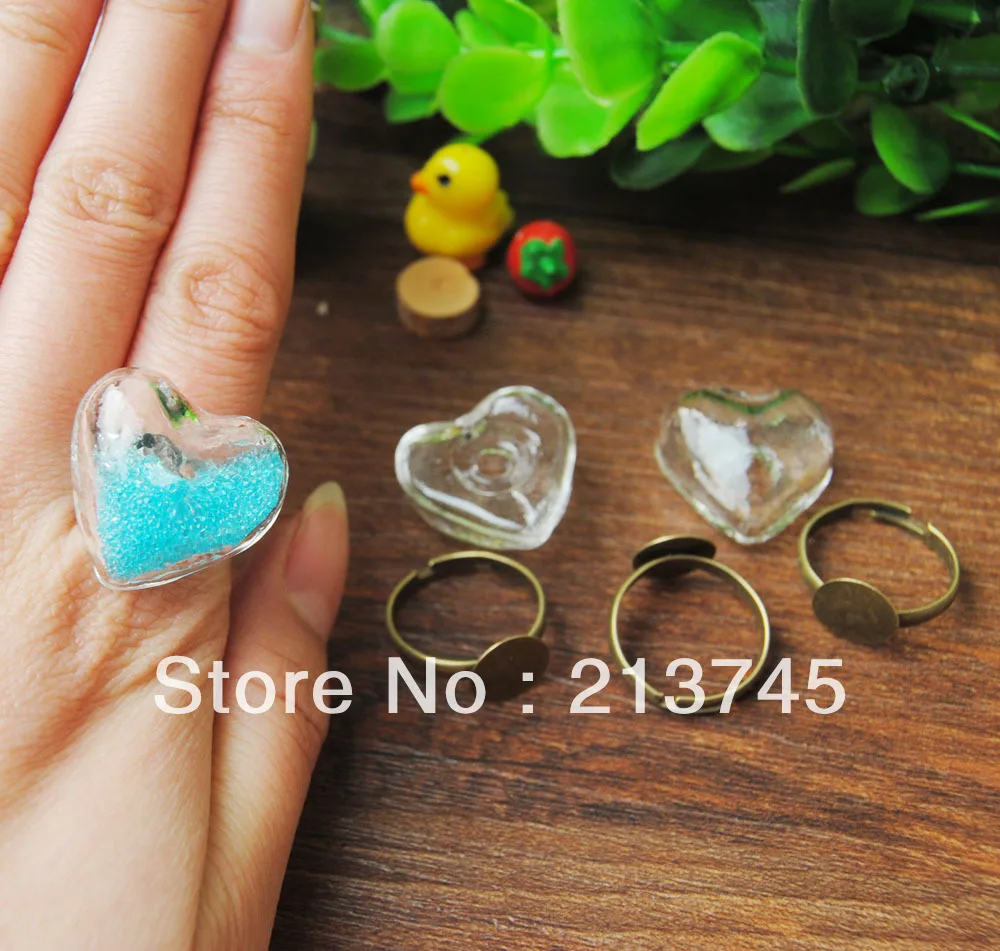 

Free ship! 20sets/lot 20*20mm heart Glass Bubble & Ring set glass globe ring set vial pendant (The price don't include filler)