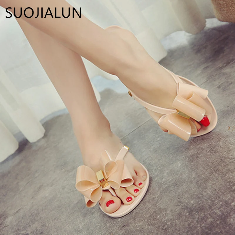 Женские шлепанцы на плоской подошве SUOJIALUN прозрачные с бантом лето 2019|fashion