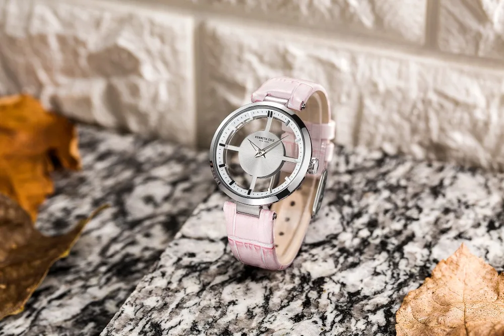 Kenneth Cole женские часы кварцевые с кожаной пряжкой водонепроницаемые розовые полые прозрачные Роскошные Брендовые Часы для женщин KC15004013