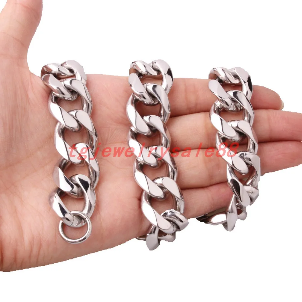 19mm Heavy Customized Size Cool Mens Jewelry Silver Stainless Steel Cuban Curb Link Chain Bracelet Or Necklaces 7-40&quot Never Fade |
