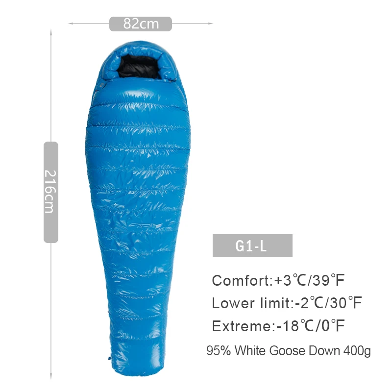 G1 BLUE LONG AEGISMAX Открытый Кемпинг G1 серия белый гусиный пух Мумия спальный мешок трехсезонный взрослый нейлоновый походный спальный мешок - Цвет: G1 BLUE LONG