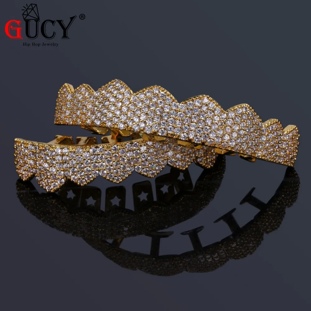 GUCY Custom Fit цвета: золотистый, серебристый все льдом хип-хоп ЗУБЫ Grillz микро Pave кубический циркон восемь верхних и нижних зубов грили набор