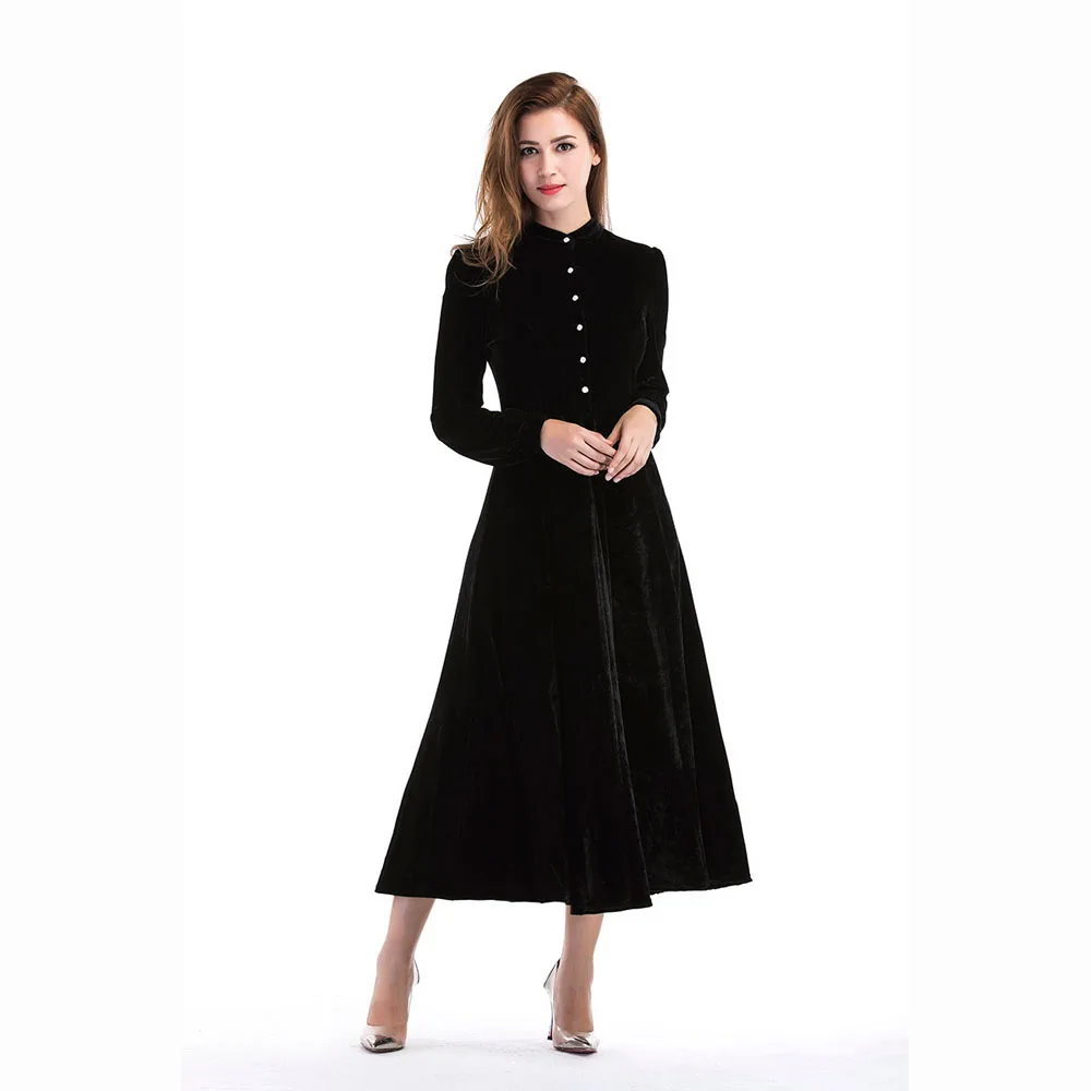 

Apperloth Velvet Autumn Winter Black Dress Elegant Lady Long Sleeve Button Vintage Party Work Dresses Women Gothic Midi Dresses