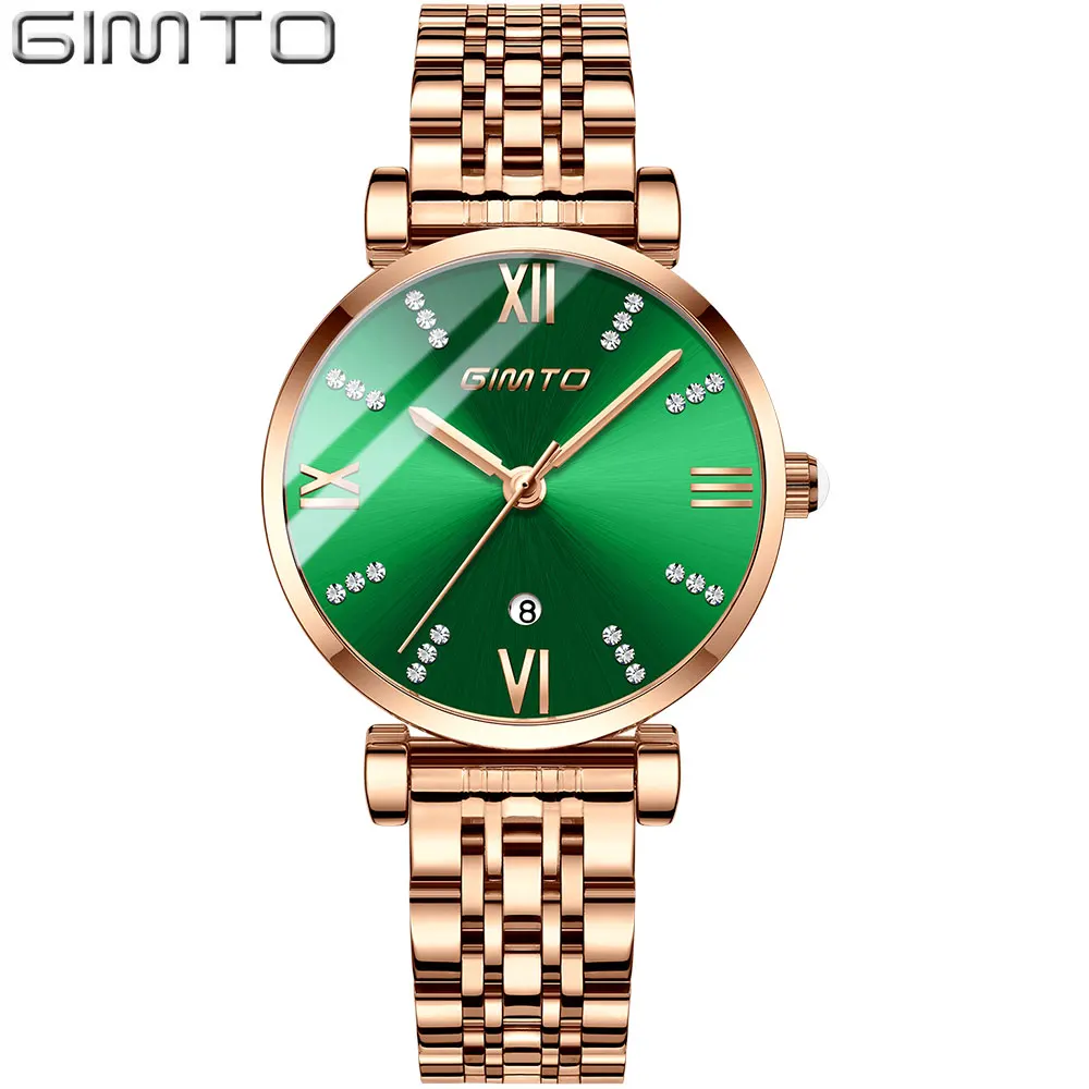 rose green GIMTO розового золота роскошный кристалл женские часы Сталь браслет кварцевые наручные часы Дата леди смотреть женский relogio feminino - Цвет: rose green