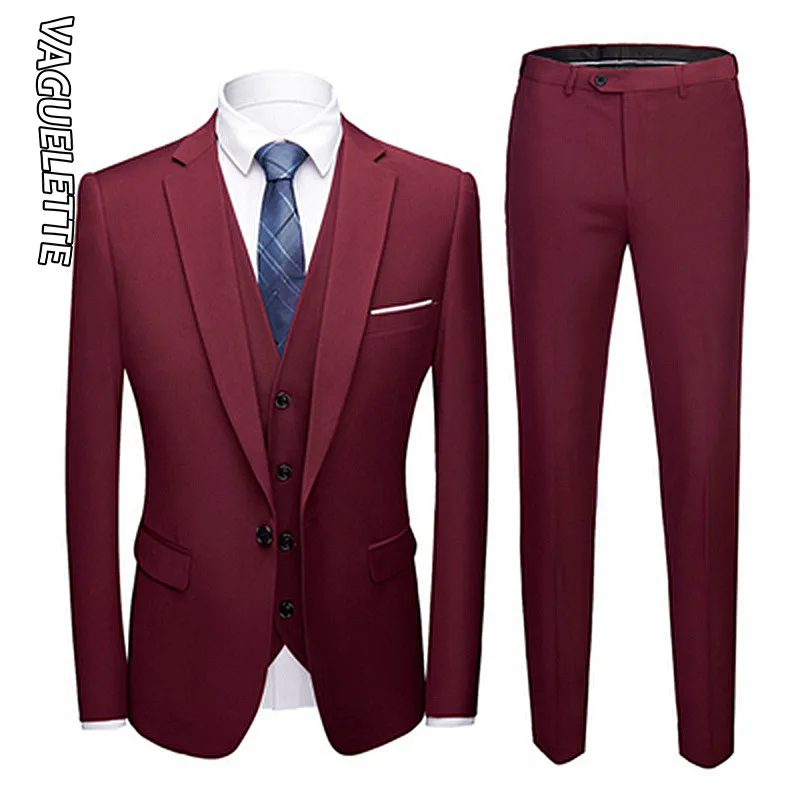 Wine Red VAGUELETTE черный и Королевский синий свадебный мужской костюм белый приталенный сценический костюм Homme официальный однотонный серый костюм из 3 предметов со штанами - Цвет: Wine Red