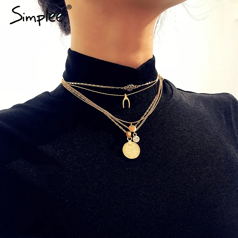 Женское многоуровневое ожерелье Simplee с монетой Шикарное золотого цвета яркая